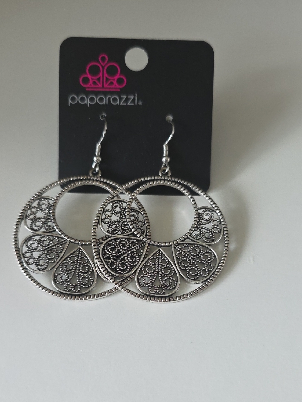 Paparazzi Antique Silver Tone Filigree Circle Drop Earrings